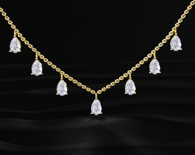 3.50TCW Pear Cut Lab Grown Diamond Station Necklace Dangle Diamond Necklace E Color VVS2 Gold Necklace Gift For Her