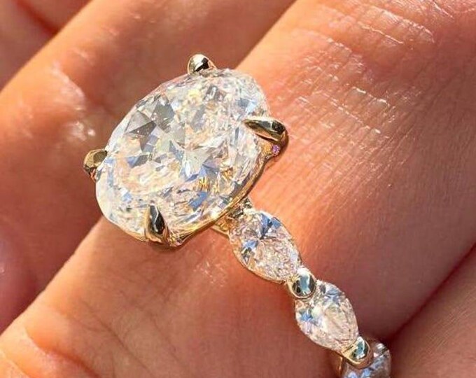 3 CT Oval Cut Moissanite Diamond Engagement Ring With Marquise Diamond Band set Anniversary Ring Wedding Gift Handmade Proposal Ring