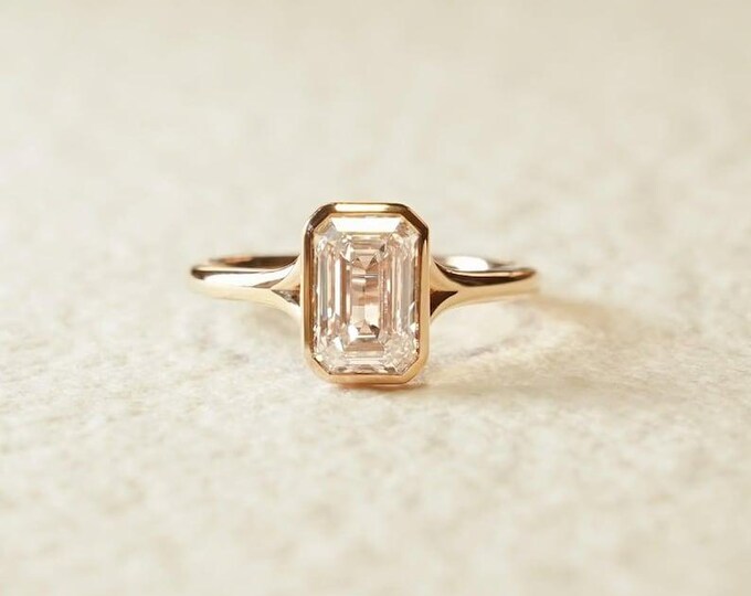 Bezel Set 2 Ct Emerald Cut Moissanite Engagement Ring, Emerald Cut Ring, Moissanite Engagement Ring, Bezel Set Emerald Cut Ring