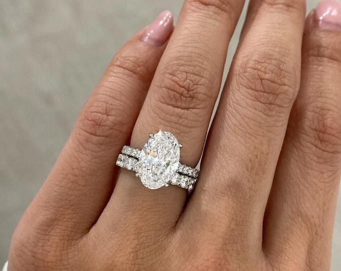 3 Carat Oval Moissanite Engagement With Diamond Band Wedding Ring Set For Women in 14K Solid Gold, Available White Gold and Rose Gold