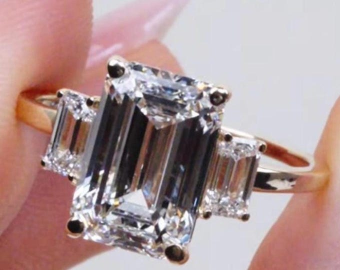4 CT Emerald Cut Moissanite Diamond Engagement Ring, Side Stone, Modern Classic Design , Custom Made Engagement Or Anniversery Ring