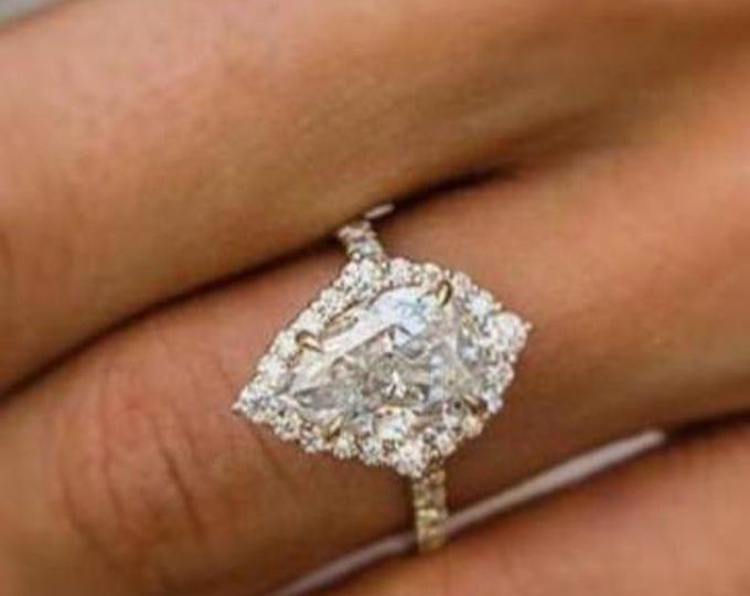 3 CT Pear Cut Diamond Engagement Ring | Dainty Gold Ring with Side Diamonds | Unique Promise Ring | Bridal Jewelry Gift for Her