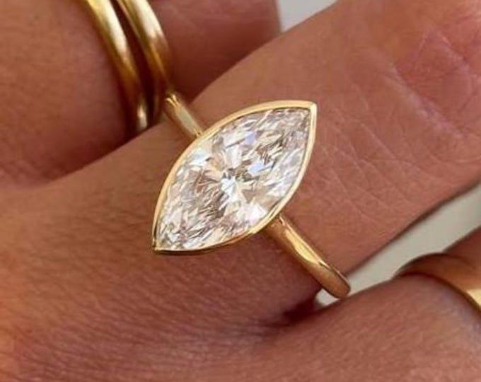 2.5 Ct Marquise Cut Moissanite Diamond Engagement Ring, Split Shank Promise Ring, Classic Bezel Set Bridal Ring,14K Solid Gold Ring