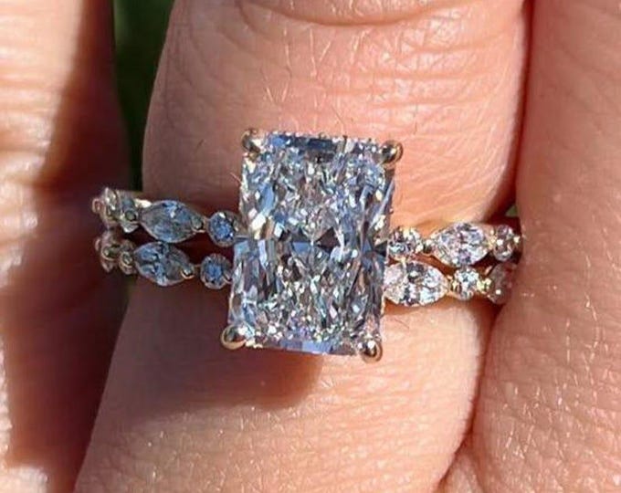 3 CT Radiant Cut Lab Grown Diamond Engagement Ring Set, Pave Band