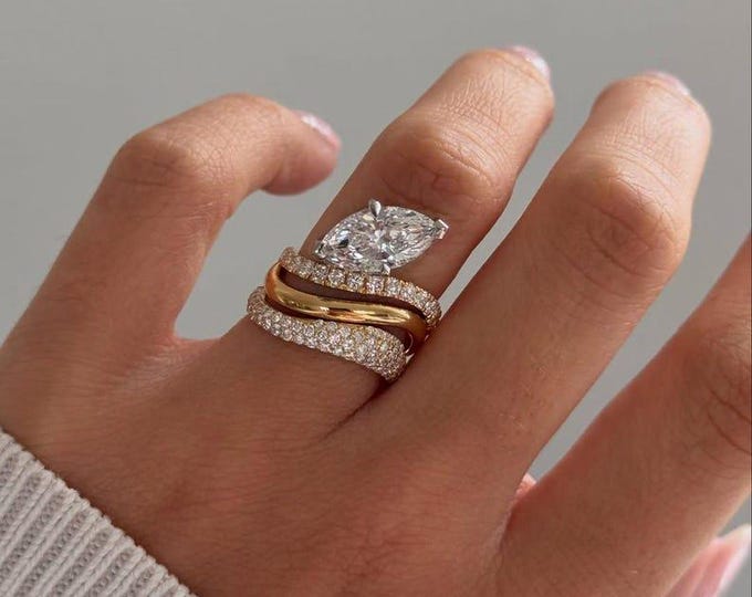 3 CT Moissanite Marquise Cut Brilliance Unique Bridal Set Yellow Gold Moissanite Enagement Ring Set Wedding Ring Set Women