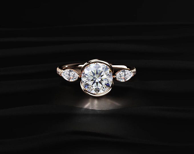 Round Bezel Set Diamond Ring with Marquise Side Stones, Lab Grown Diamond Engagement Ring, Leaf Style Gold Ring, Unique Bridal Ring