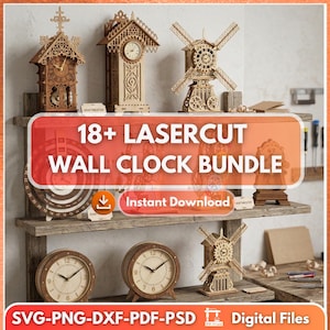 Más de 18 relojes de pared cortados con láser / SVG decorativos modernos, patrones de carpintería CNC (descarga digital)