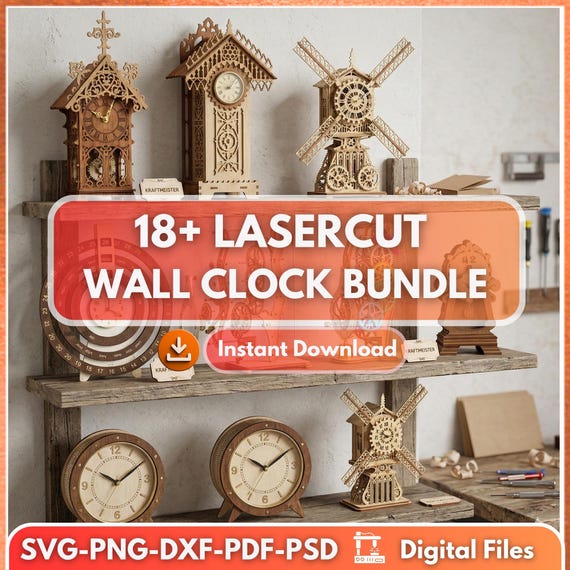 18+ Laser Cut Wall Clock Bundle | Modern Decorative SVG, CNC Woodworking Patterns (Digital Download)