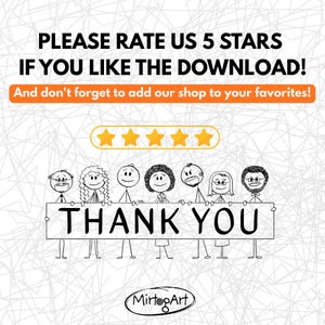 May include: Illustration with the text "PLEASE RATE US 5 STARS IF YOU LIKE THE DOWNLOAD!" and "THANK YOU". The image includes stick figures holding a sign and a row of five gold stars.