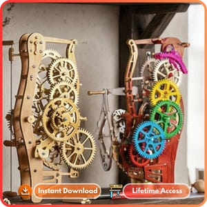 May include: Two wooden mechanical models with intricate gear systems. One is natural wood-toned, the other is stained red with colorful gears. The models have a steampunk aesthetic, with visible cogs and levers. The image includes the text "Instant Download" and "Lifetime Access".
