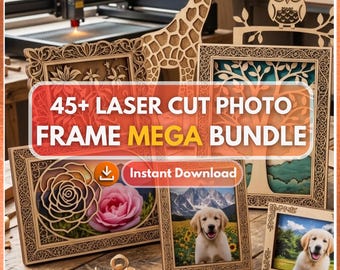 Puede incluir: Marcos de fotos cortados con láser con diseños variados, incluyendo un búho, una jirafa y motivos florales. La imagen muestra el texto "45+ LASER CUT PHOTO FRAME MEGA BUNDLE" y "Instant Download". Los marcos son de madera marrón claro.