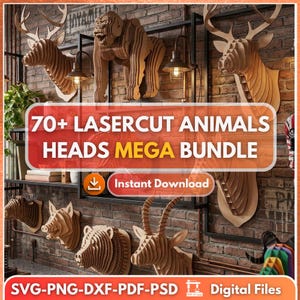 Könnte beinhalten: Eine Sammlung von lasergeschnittenen Tierkopf-Designs, darunter ein Hirsch, ein Gorilla und ein Bär, die an einer Backsteinmauer ausgestellt sind. Das Bild zeigt ein Banner mit der Aufschrift "70+ LASERCUT ANIMALS HEADS MEGA BUNDLE" und "Instant Download". Das untere Banner lautet "SVG-PNG-DXF-PDF-PSD Digital Files".