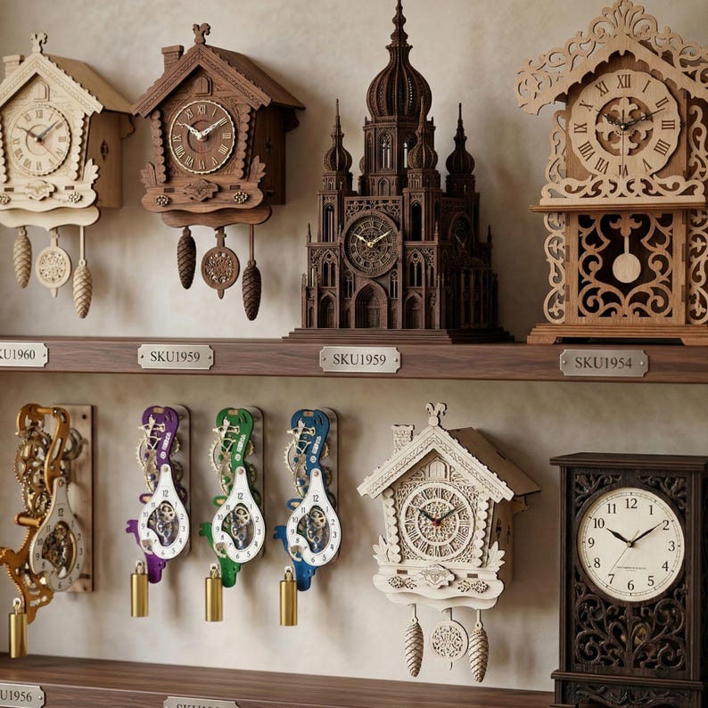 May include: A collection of wooden clocks in various styles, including cuckoo clocks and decorative wall clocks. The clocks feature intricate designs, Roman numeral clock faces, and pendulum weights. Some clocks are light-colored, while others are dark brown.