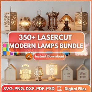 Puede incluir: Una colección de lámparas modernas cortadas con láser, con diseños variados, incluyendo faroles y lámparas de mesa. La imagen presenta lámparas de madera con patrones intrincados, iluminadas para mostrar sus diseños. El texto dice "350+ LASERCUT MODERN LAMPS BUNDLE".