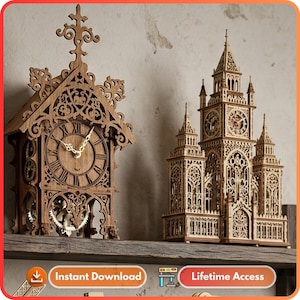 May include: Two intricately carved wooden clocks. One is a traditional clock with Roman numerals and ornate detailing. The other is a detailed replica of a clock tower. Both are displayed on a wooden shelf.