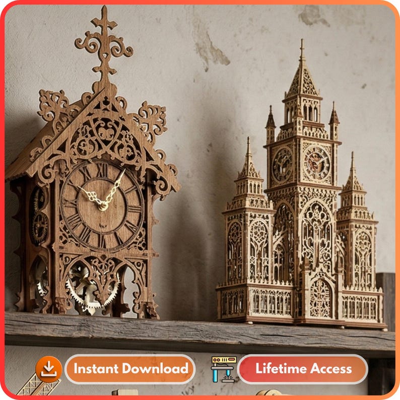 May include: Two intricately carved wooden clocks. One is a traditional clock with Roman numerals and ornate detailing. The other is a detailed replica of a clock tower. Both are displayed on a wooden shelf.