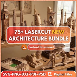 Más de 75 diseños de arquitectura cortados con láser / Diseños emblemáticos SVG y DXF (descarga digital)