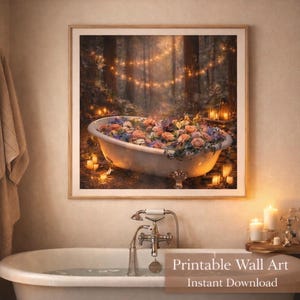 May include: A framed print of a vintage bathtub filled with colorful flowers. The artwork depicts a forest scene with string lights and candles, creating a serene and romantic atmosphere. The text "Printable Wall Art Instant Download" is visible at the bottom.