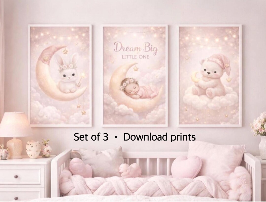 Moon and Stars Nursery Art Set | Pink Celestial Baby Girl Prints ...