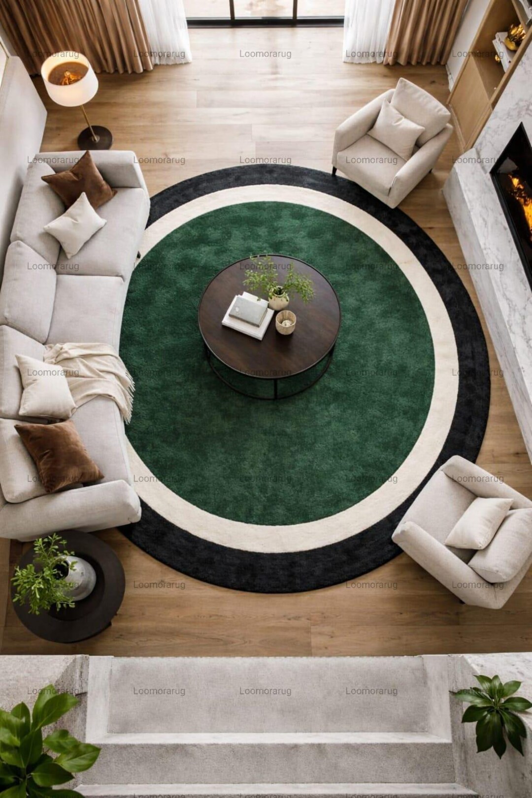Small Round Forest Rug Modern Round Forest Green Rug With Black and Cream Border, Minimalist ...