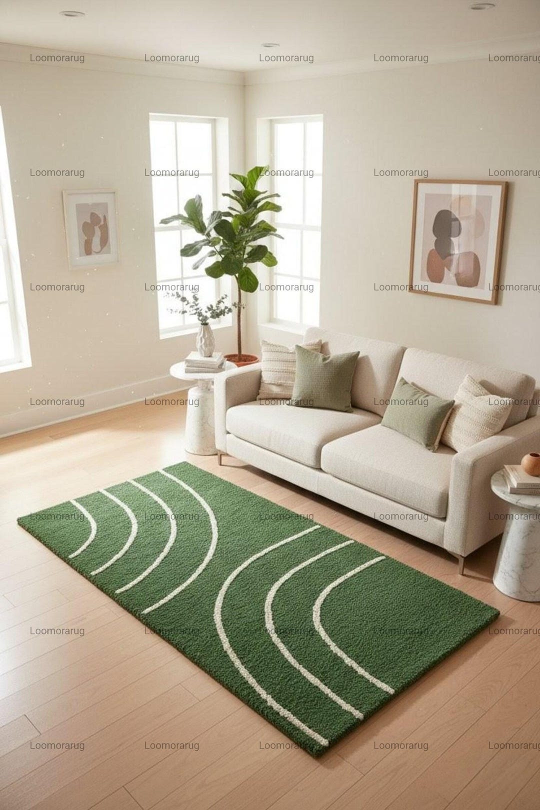 Sage Green Area Rug With Arched Cream Lines, Mid Century Modern Tufted ...