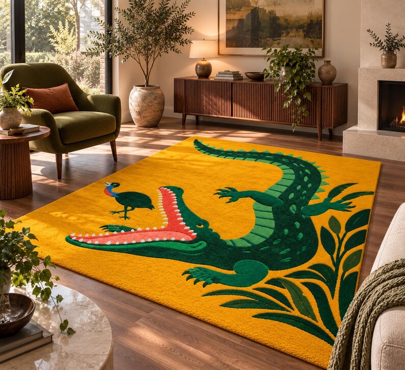 Tufted Crocodile Rug, Funky Animal Area Rug, Yellow Nursery Decor ...