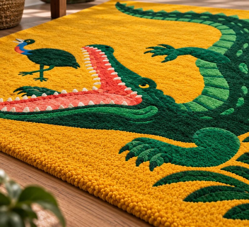 Tufted Crocodile Rug, Funky Animal Area Rug, Yellow Nursery Decor ...