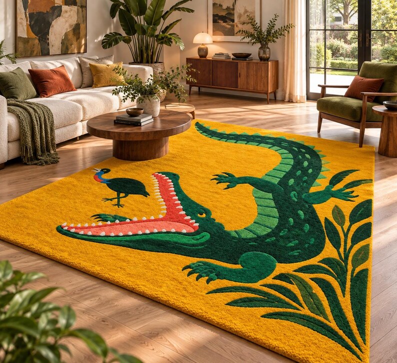 Tufted Crocodile Rug, Funky Animal Area Rug, Yellow Nursery Decor ...