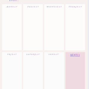 Może przedstawiać: Tygodniowy planer w pastelowych kolorach. Słowa "WEEKLY planner" są napisane w gradientowym fiolecie i niebieskim. Dni tygodnia są wymienione, z r&oacute;żową sekcją notatek.