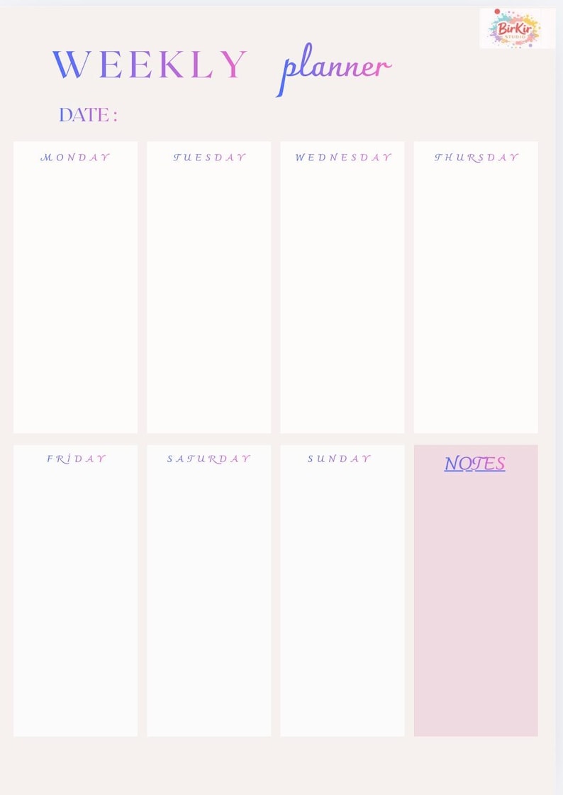 Może przedstawiać: Tygodniowy planer w pastelowych kolorach. Słowa "WEEKLY planner" są napisane w gradientowym fiolecie i niebieskim. Dni tygodnia są wymienione, z r&oacute;żową sekcją notatek.