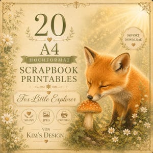 Könnte beinhalten: Eine digitale Sammlung von 20 A4 Scrapbook-Druckvorlagen mit dem Titel Fox-Little Explorer von Kim's Design. Das Bild zeigt einen Fuchs, der an einem Pilz schnuppert, mit Text zu 300 DPI, JPEG-Format und Sofort-Download-Option.