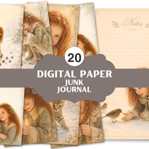 Könnte beinhalten: Eine Sammlung von 20 digitalen Papierbögen für Junk Journals mit Illustrationen eines rothaarigen Kindes in Winterkleidung, verschneiten Landschaften, Tannenbäumen, Kätzchen und Rotkehlchen. Ein Blatt enthält liniertes Papier mit dem Text Notes.