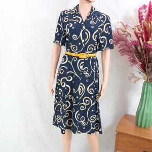 Vintage Style Blue Pattern Dress Baroque Swirl Midi Dress Retro Shirt Dress Elegant Patterned Dress