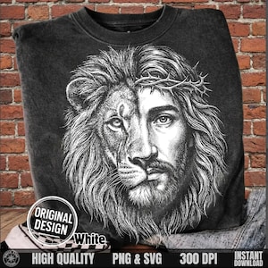 Folded dark grey sweatshirt featuring a white vintage halftone Jesus and lion half face with crown of thorns