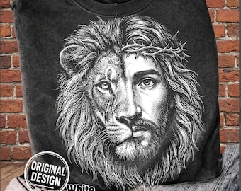 Christian Jesus Lion SVG PNG, Jesus Is King Crown Of Thorns, Vintage Halftone Half Face, Religious Faith Sublimation Clipart