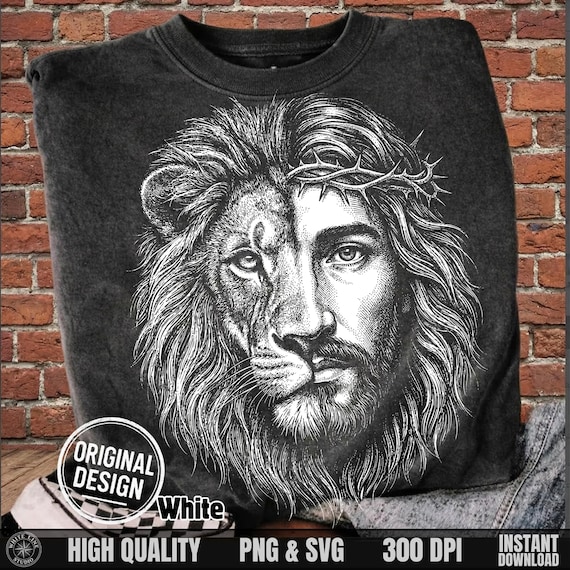 Christian Jesus Lion SVG PNG, Jesus Is King Crown Of Thorns, Vintage Halftone Half Face, Religious Faith Sublimation Clipart