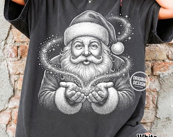 Christmas Magic PNG, Santa Claus Sparkle Shirt PNG, Santa Holding Stardust, Vintage Halftone Art, Retro Christmas Tee, Sublimation Clipart