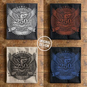 Four folded shirts displaying the vintage halftone 250 years anniversary bald eagle graphic in white, red, black, and blue.