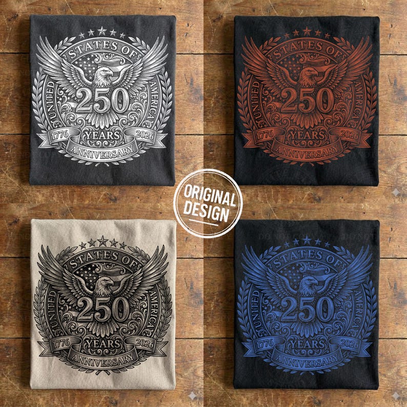 Four folded shirts displaying the vintage halftone 250 years anniversary bald eagle graphic in white, red, black, and blue.