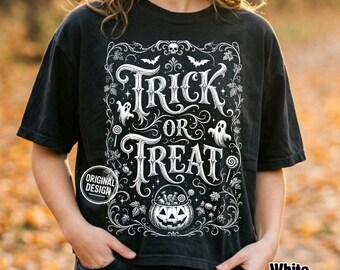 Halloween Trick or Treat PNG, Vintage Gothic Pumpkin Ghost, Victorian Halloween Shirt PNG, Retro Halftone Sublimation SVG