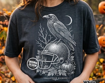 Halloween Football PNG, Raven Helmet PNG, Halloween Kickoff, Vintage Halftone Crow, Spooky Season, Shirt Sublimation Clipart