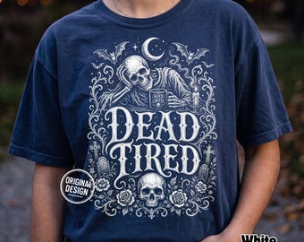 Halloween Skeleton PNG, Dead Tired Coffee SVG, Gothic Skull Shirt Design, Vintage Halftone, Spooky Season Sublimation Clipart
