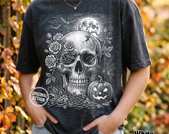 Halloween Skull Roses PNG, Vintage Skull Shirt PNG, Floral Skull Sublimation, Gothic Pumpkin Moon Design, Retro Halloween Tee PNG