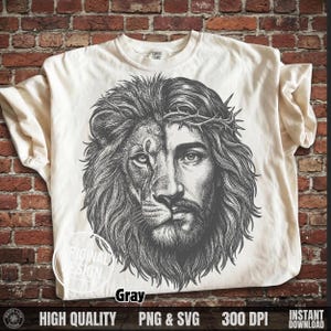 Cream t-shirt displaying the grey vintage halftone Jesus and lion face with crown of thorns design