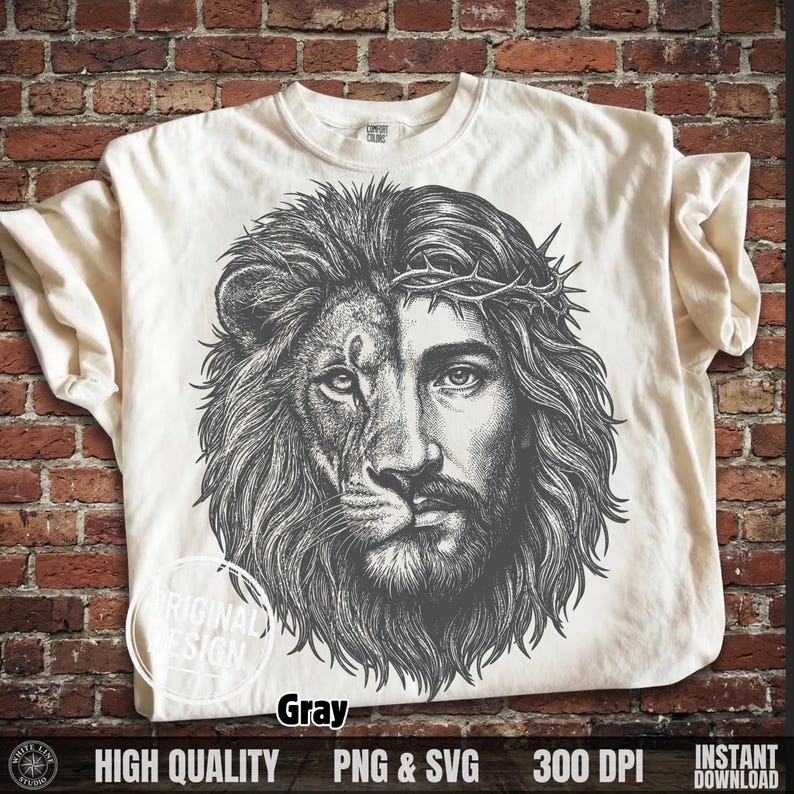Cream t-shirt displaying the grey vintage halftone Jesus and lion face with crown of thorns design