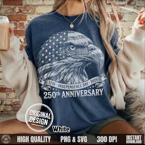 Woman wearing a faded navy blue t-shirt with a white vintage halftone bald eagle and 250th anniversary Independence day design