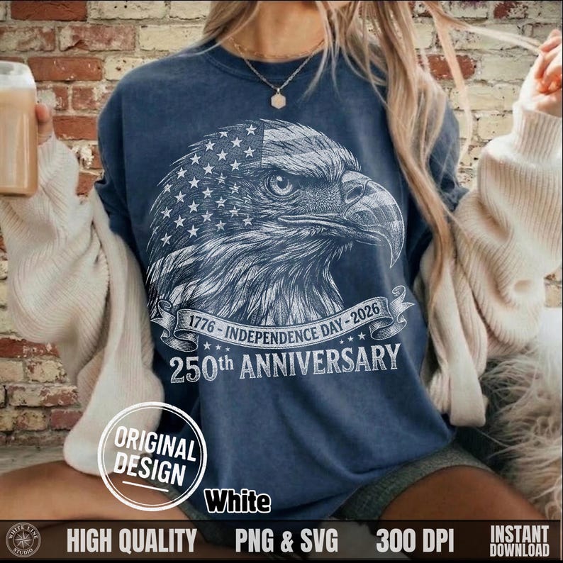 Woman wearing a faded navy blue t-shirt with a white vintage halftone bald eagle and 250th anniversary Independence day design