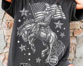 4th of July Cowboy PNG, Patriotic Bucking Horse SVG, American Flag Western Clipart, Vintage Halftone Rodeo, Independence Day Shirt Design