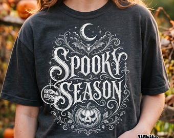 Spooky Season PNG, Halloween Pumpkin PNG, Vintage Bat and Moon Design, Gothic Halloween Shirt, Retro Sublimation Clipart