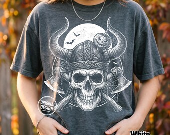 Warrior Skull PNG, Viking Skull Halloween Shirt PNG, Skull Helmet Sublimation, Gothic Moon Bats Design, Spooky Tee PNG